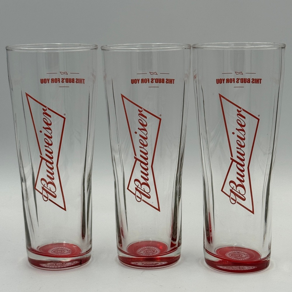 Budweiser‎ Pilsner Glasses Set of 3 Red Bowtie Logo This Bud's For You Red Base
